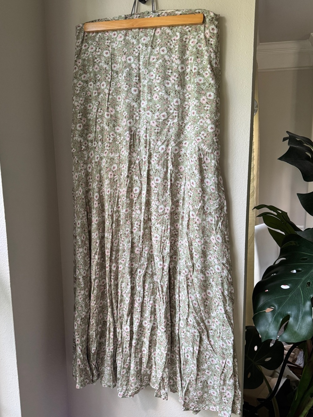 Altar'd State Sage Green Floral Tiered Maxi Skirt with Pink Blooms